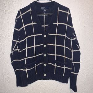 Vintage Polo Ralph Lauren Cardigan Blue White Cotton Knit Sweater S